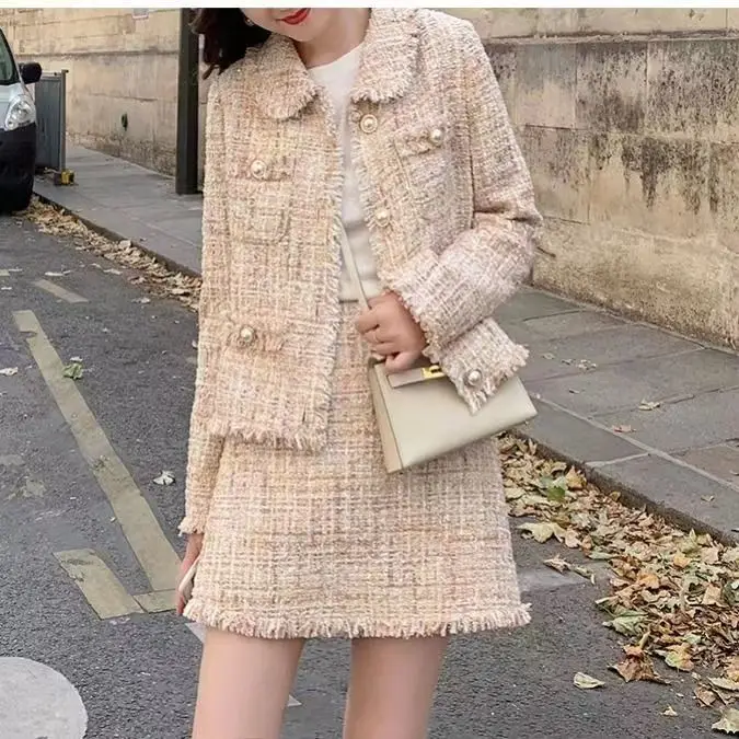 Elegant Tweed Two-Piece Set for Women: 2023 Spring New Beige Coat and Skirt Set Female Office Lady Suit High Quality Fashionable