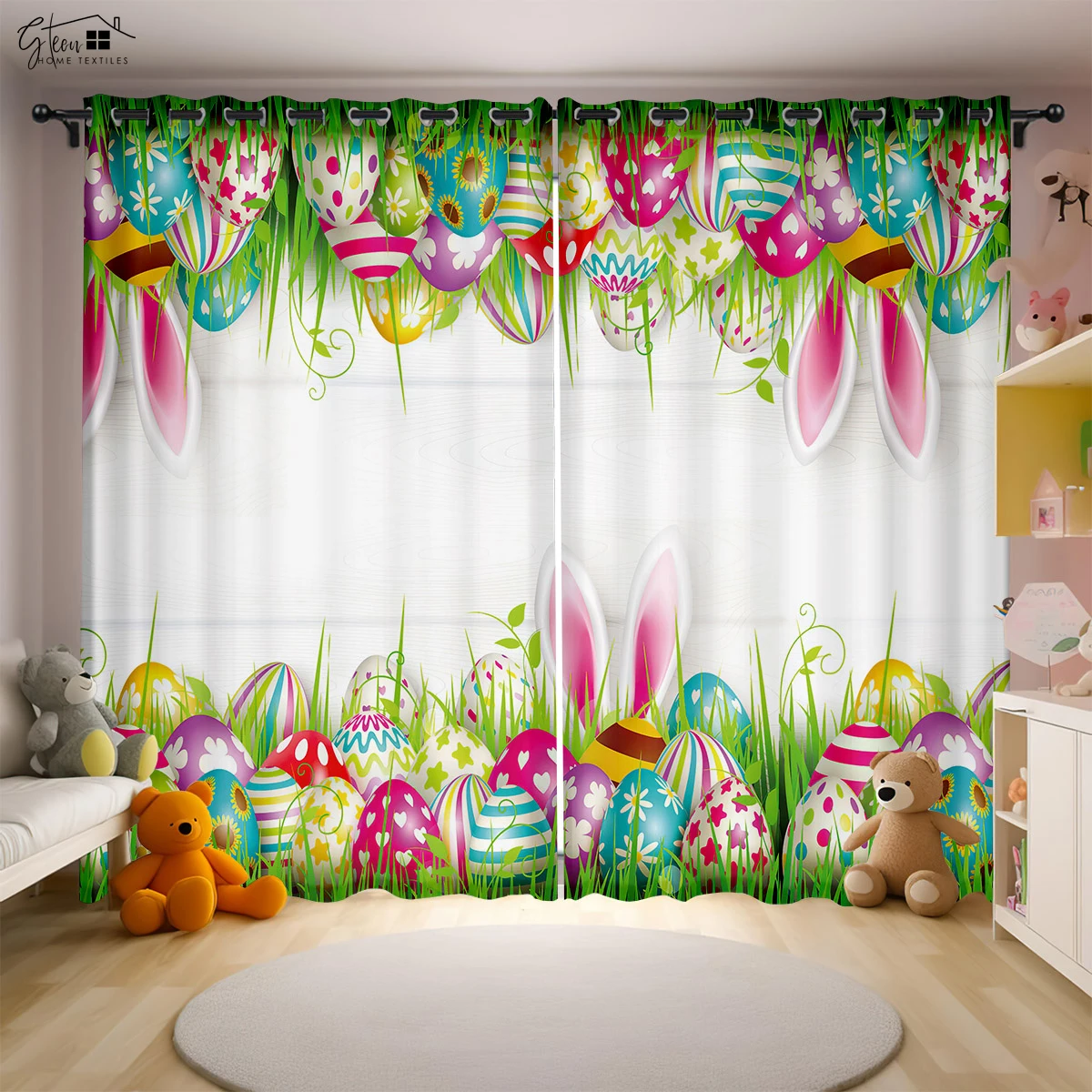 

Easter Decorative Curtains Cartoon Pink Rabbit Eggs Living Room Bedroom Study Children 3D Printed Holiday Curtains 2 Pieces