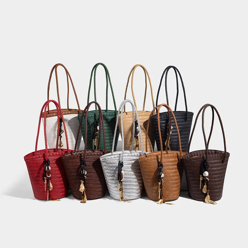 Bolso de Hombro Boho de Verano, Estilo Retro Francés, Tejido en Cuero, Ligero, para la Playa, con Bolsa Adicional a Juego