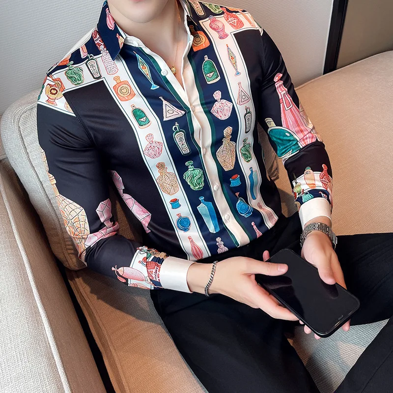 Luxury High-end Brand Boutique Fashion Print Design Design Nightclub Stage Party Mens Casual Long-sleeved Shirt Male Slim Shirt