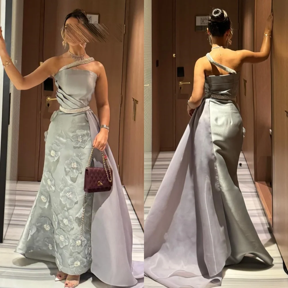 

Customized Intricate Flower Beading Sequined Pleat Draped A-line One-shoulder Long Dresses Bespoke Occasion Dresses Formal