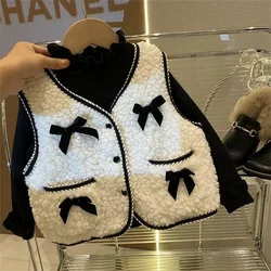 Girl White Coat Children's Velvet Vest Autumn and Winter Outerwear Shaken Fleece Children's Winter Bow Warm and Thick Lamb Wool