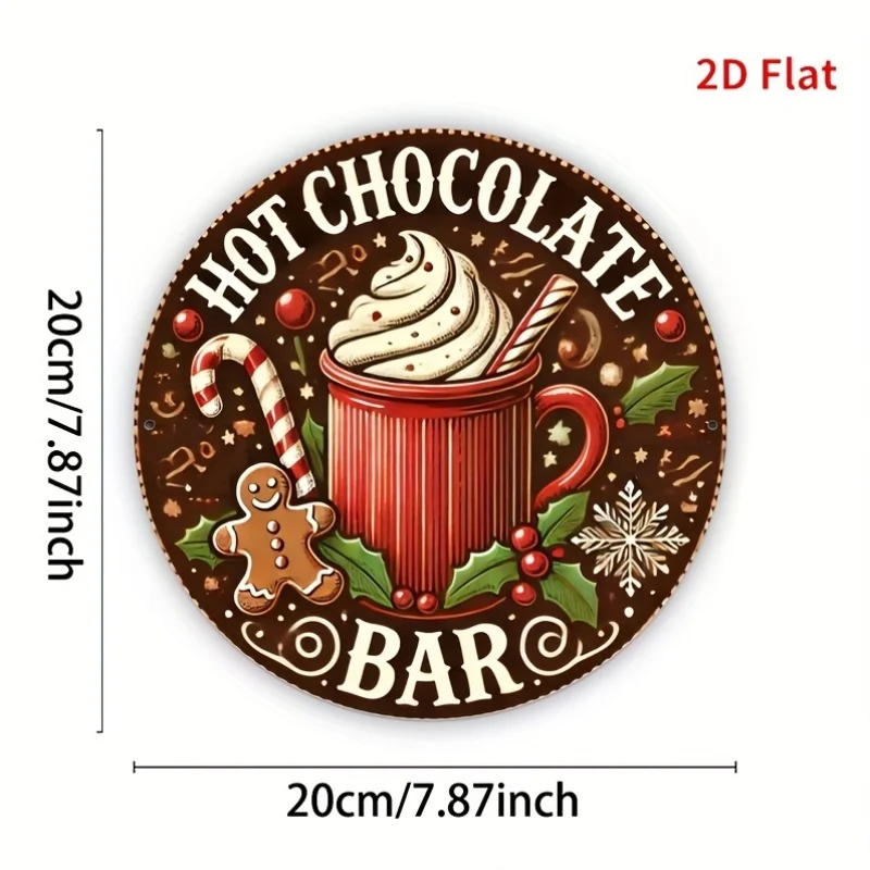 2D Flat, 1pc Vintage Hot Chocolate Metal Sign - 8x8 Inch Round Iron Wall Decor with Gingerbread & Candy Canes, Perfect for Home,