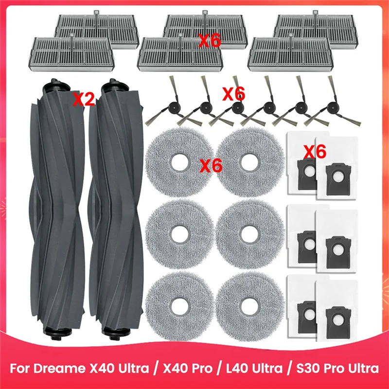 

Запчасти для пылесосов Dreame X40 Ultra / X40 Pro / L40 Ultra / S30 Pro Ultra: основная и боковые щетки, фильтры, салфетки для влажной уборки, мешки для сбора пыли.