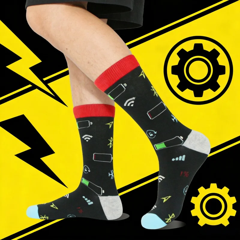 1 pair Fun Tech Symbol Men's Mid-Calf Socks - Red & Black Contrast Trendy Socks (Signal/Battery Elements)