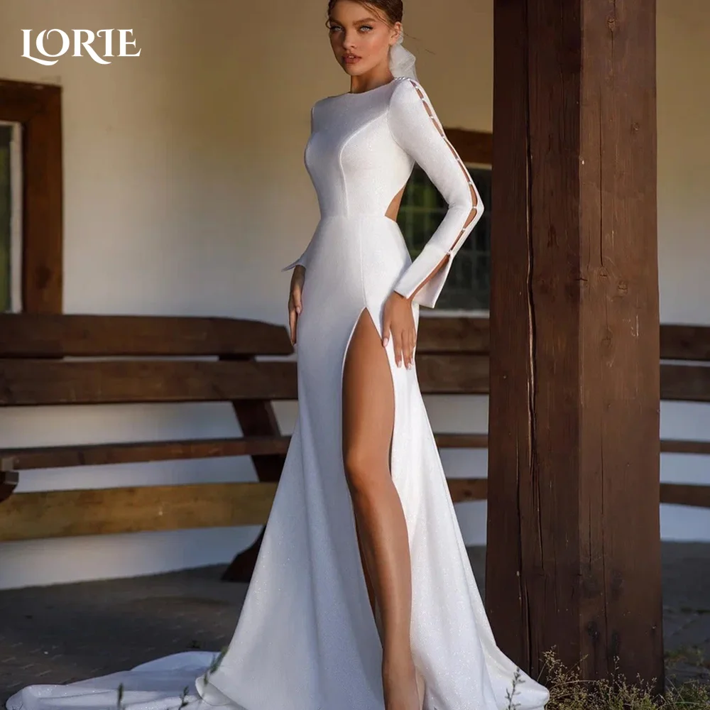 

LORIE High Collar Mermaid Wedding Dress Slit Long Sleeve Pearls Bridal Gown Customized Backless Bride DressSaudi Dress Dubai