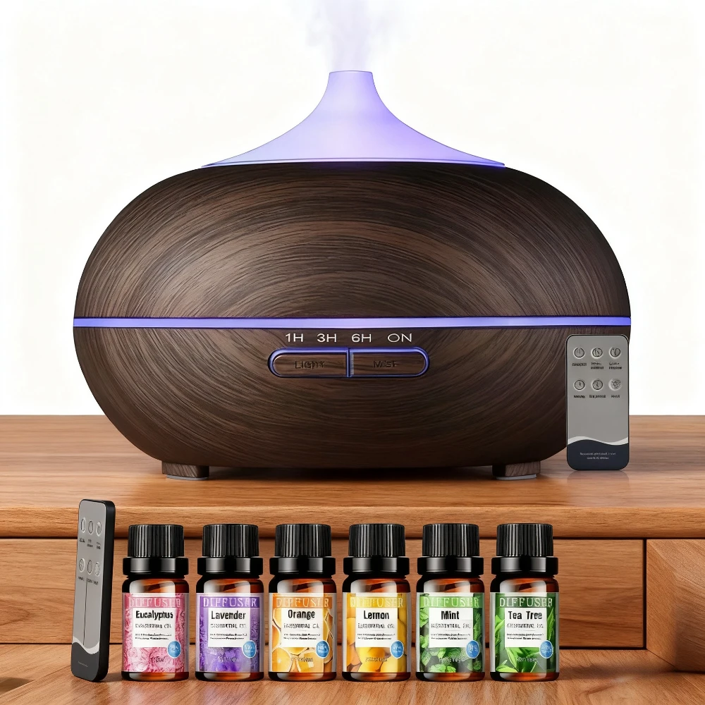 

550ml Wood Grain Aroma Diffuser & Cool Mist Humidifier with Remote Control, Timer, US Plug