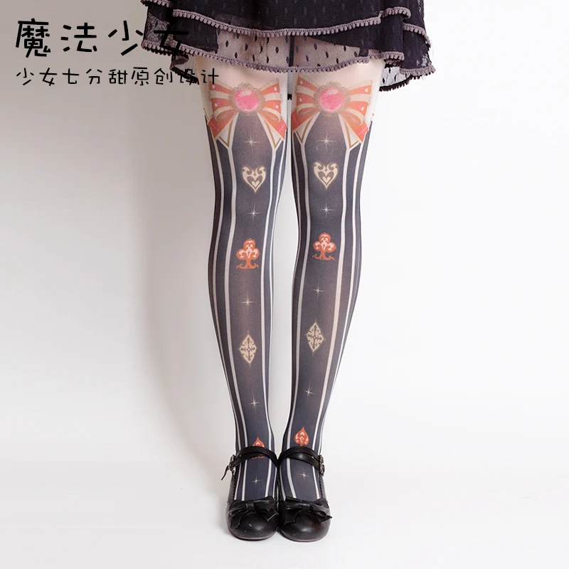 Original Magical Girl Cute Bow Printed Velvet Japanese Lolita Pantyhose Sweet Loli Tea Party Pantyhose