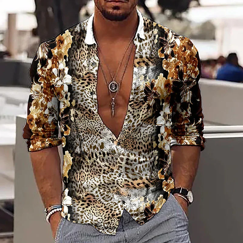 Fashion Leopard Men\'s Shirt Tops Sapphire Purple Gray Casual Outdoor Spring Summer High Quality Material Plus Size