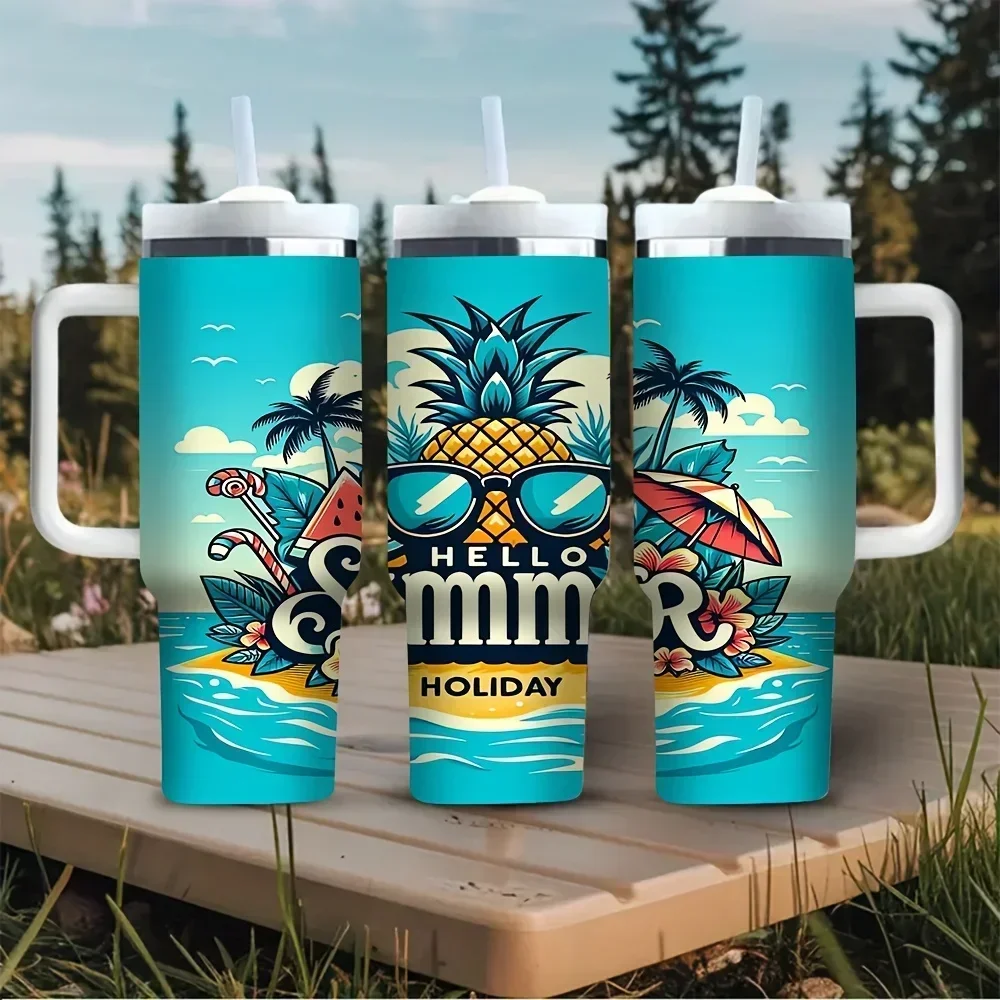 40oz Tumbler with Handle, Hello Summer Holiday Pineapple Beach Print, Fits Both Cold And Hot Drinks, Suitable for Summer Lovers, Ideal for Outdoor Activities And Daily Use
