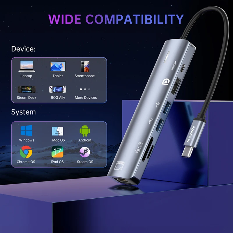 HUB tipo C com Displayport 1.4, PD100W, Ethernet 100Mbps, multiporta SD/TF 7 em 1 USB para adaptador dongle de estação de acoplamento DP
