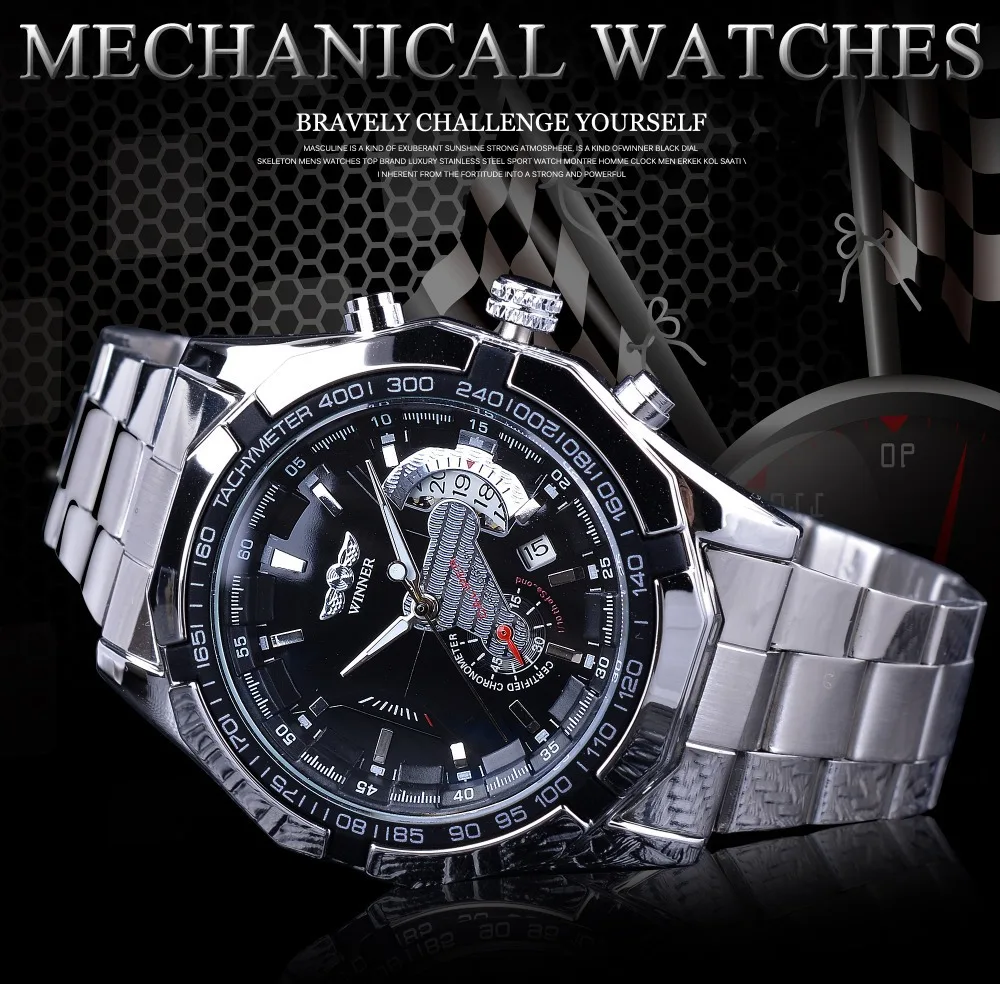 Hot Selling Winner Top Brand  Men\'s Fashion And Leisure Large Dial Full Stainless Steel Band Fully Automatic Mechanical Watches