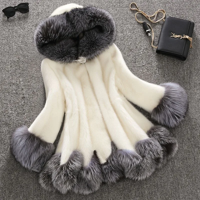 Women's Autumn Winter Hooded Faux Fur Coat Medium Length Contrast Fox Fur Trim Loose Long Sleeve Thick Warm Mink Look Outerwear