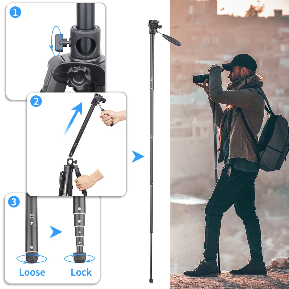 INNOREL RT20H Professional Lightweight Travel Aluminum Tripod with Adjustable Head Horizontal 3-in-1 Stand for Camera Phone