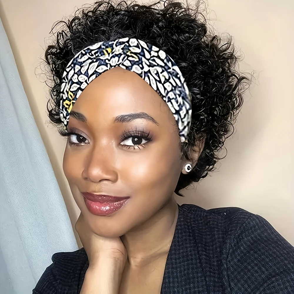 カーリーウェーブヘッドバンド人毛ウィッグ女性用ピクシーカットウィッグショートカーリーヘッドバンドウィッグ150%密度ナチュラルブラックマシンメイド