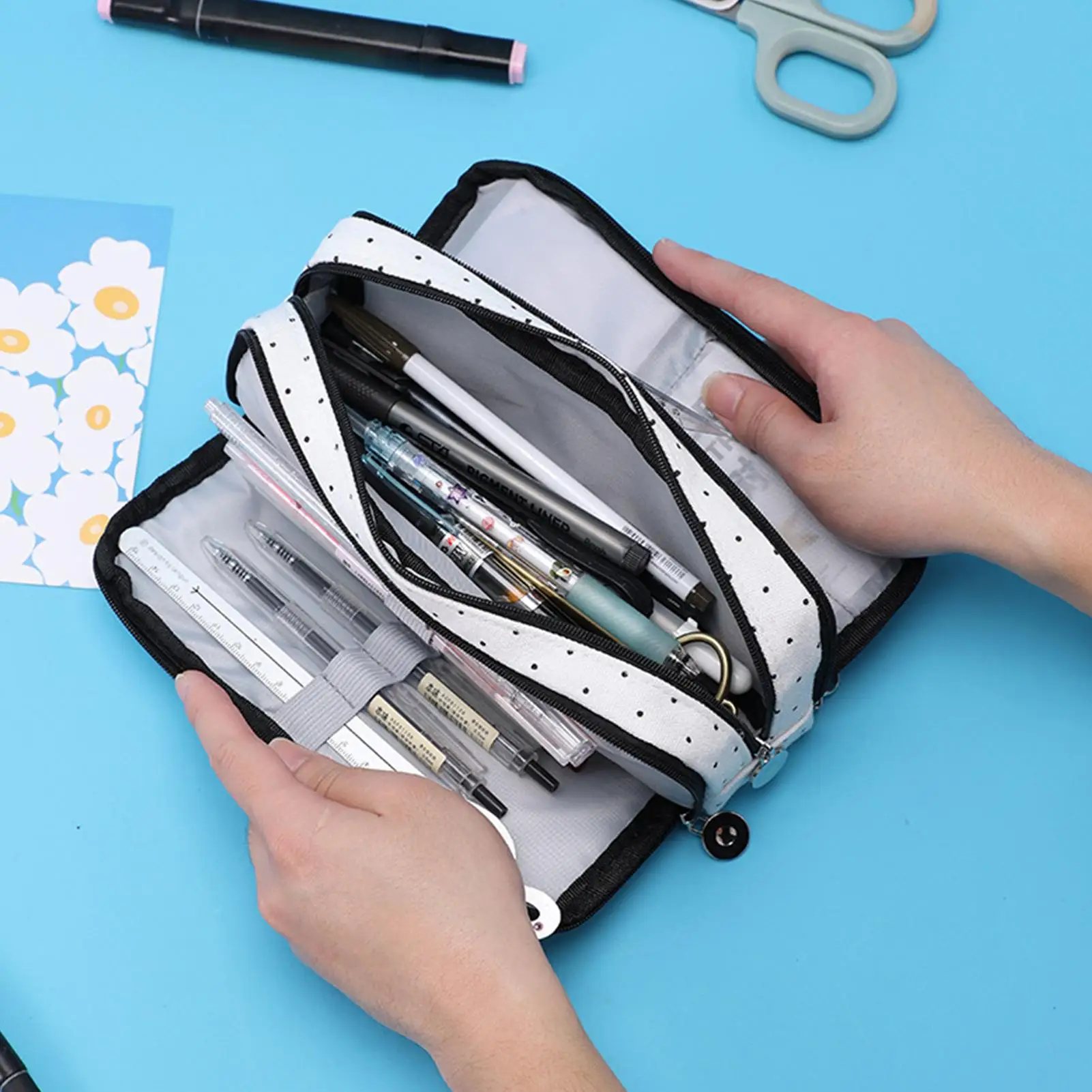 Large Pencil Case Canvas Makeup Bag Zipper Multiple Compartments Pencil Pouch Lightweight Big Capacity Pencil Organizer