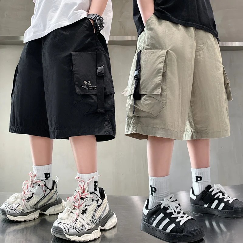 Thin Style Kids Casual Breathable Cargo Shorts for Tweens Boy New Summer Knee Length Shorts Pants with Pocket Child Age 5-14 Y