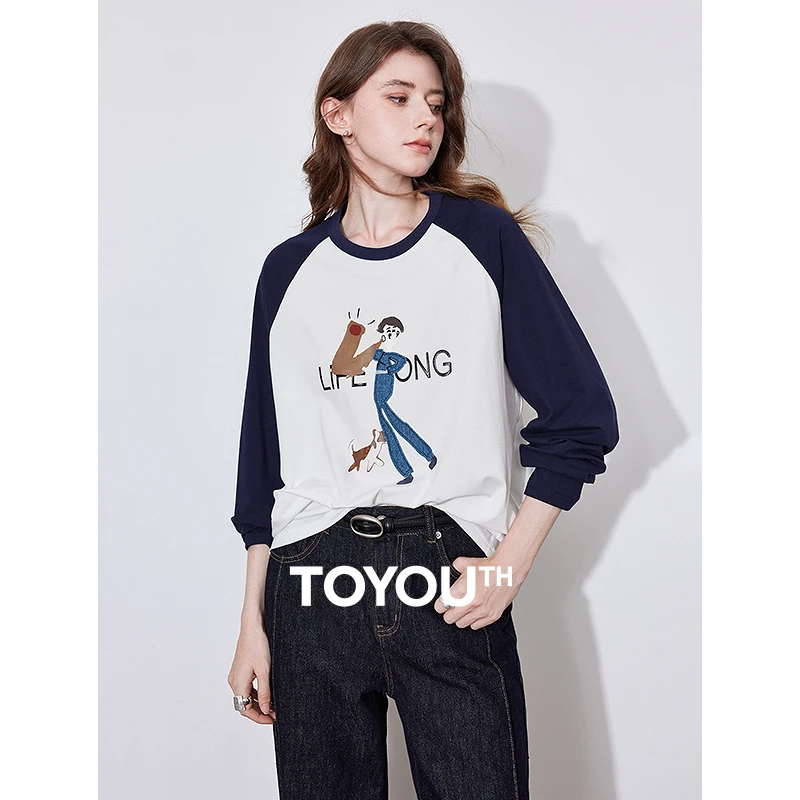 TOYOUTH Women Long Sleeve T-shirt 2025 Spring New Lyocell Denim Patchwork Embroidery Cotton Pullover Tops