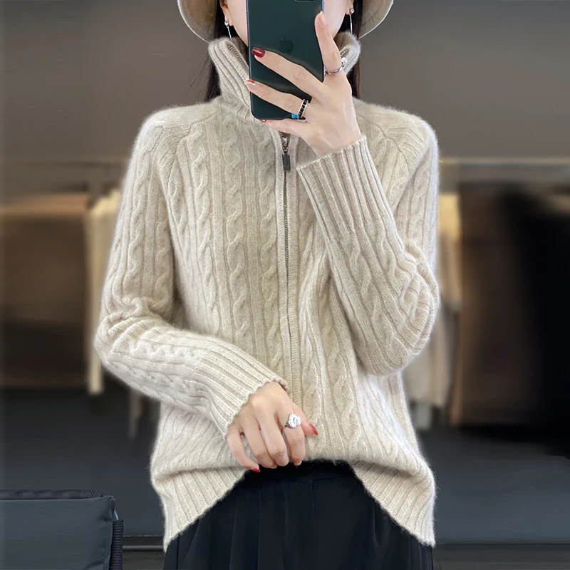 100% Merino Wool Coat Women's Stand Collar Knitted Cardigan Fashion Twisted Long Sleeve Top Autumn Winter New Warm Jacket Korean