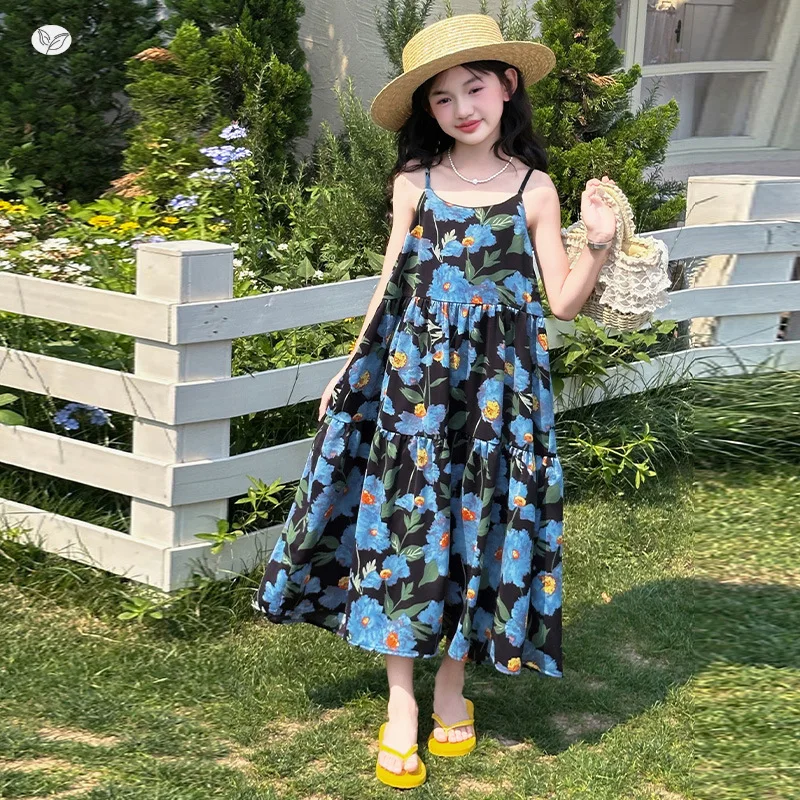 

Girls' floral dress, strappy design, girls' summer floral strappy dress, girls' sundress, suitable for big girls aged 7-14.