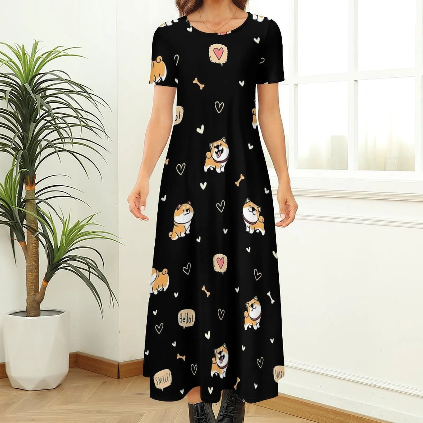 Cartoon Shiba Dress Funny Animal Aesthetic Bohemia Long Dresses Womens Vintage Maxi Dress Large Size