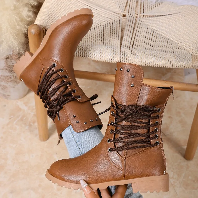 

Stud Lace-Up Block Heel Shoes Fashion Round Toe Sleeve Soft Sole Anti-Slip Wear-Resistant Mid-Tube Shoes