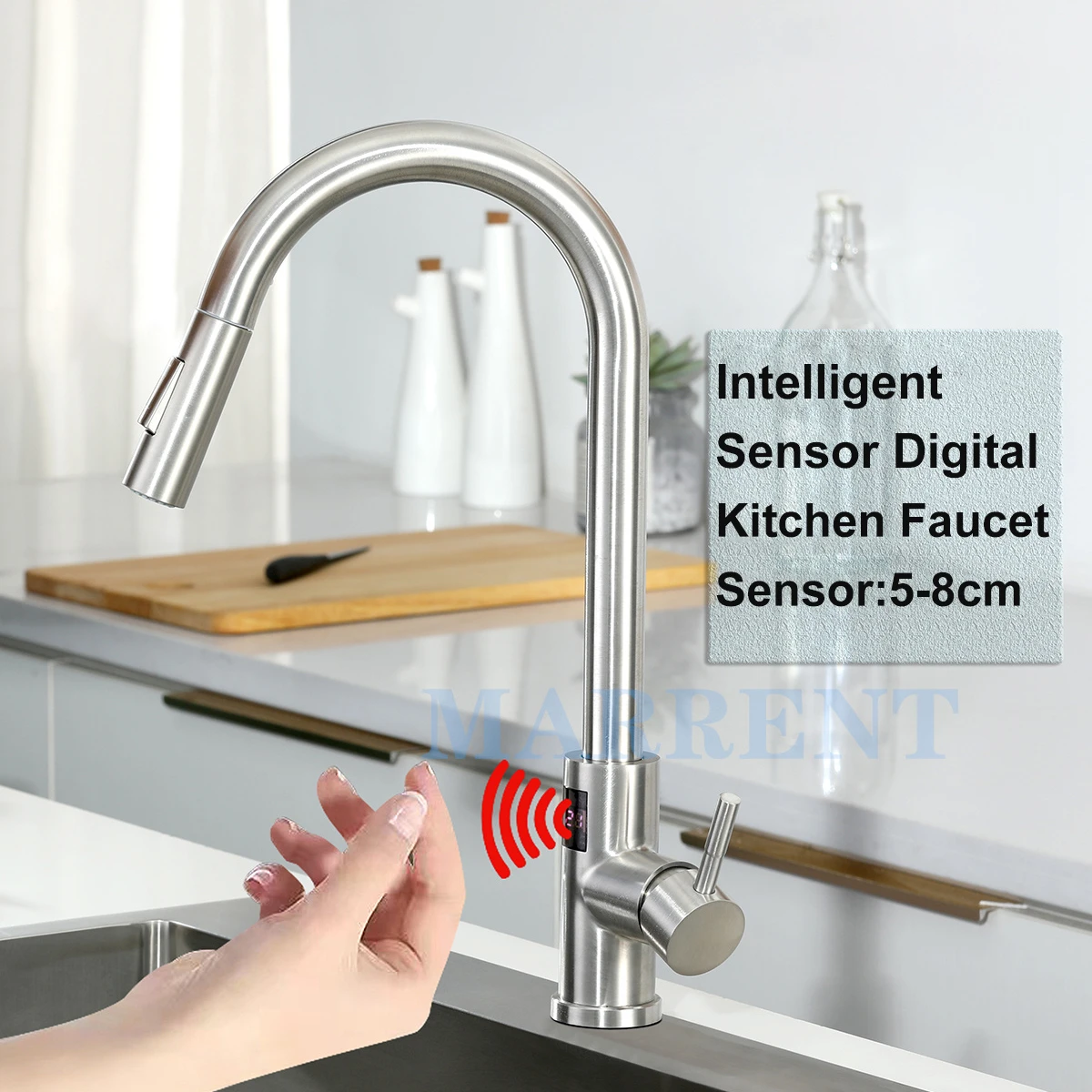 Digital Kitchen Mixer Tap Smart Sensor Pull Out Kitchen Faucets Deck Mounted Hot Cold Intelligent Sensor Digital Kitchen Faucet