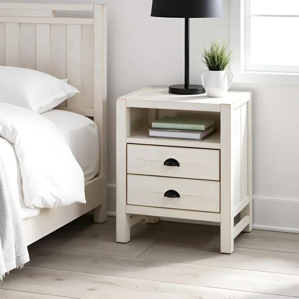 طاولات نهائية، منضدة مزرعة ريفية مع رف مفتوح ودرجين، طاولة بجانب السرير خشبية مع أثاث معدني للتخزين