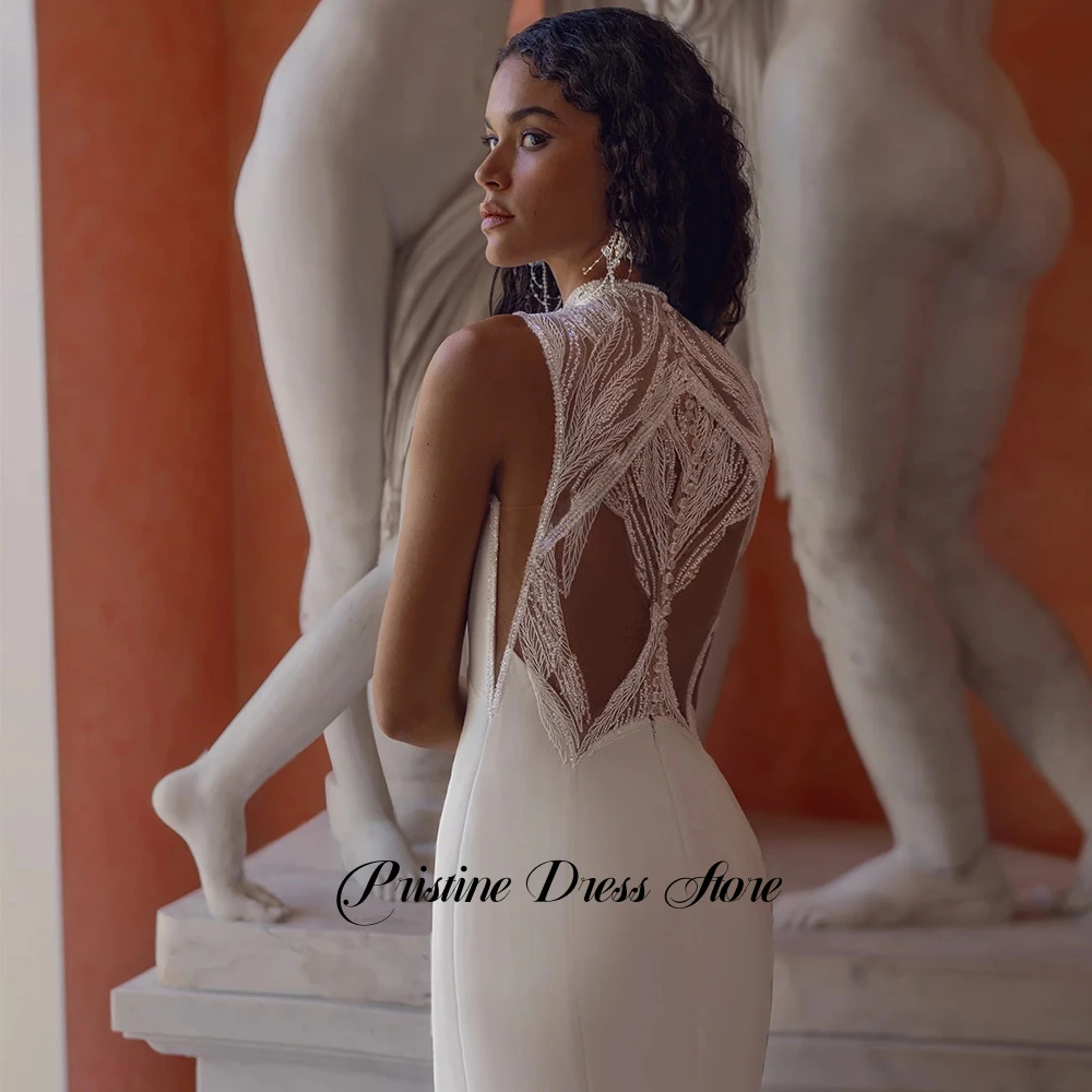 Romantic Watteau Train Jersey Wedding Dress for Brides High Neckline Sleeveless Side Slit Sheath Saudi Bridal Gowns with Beading