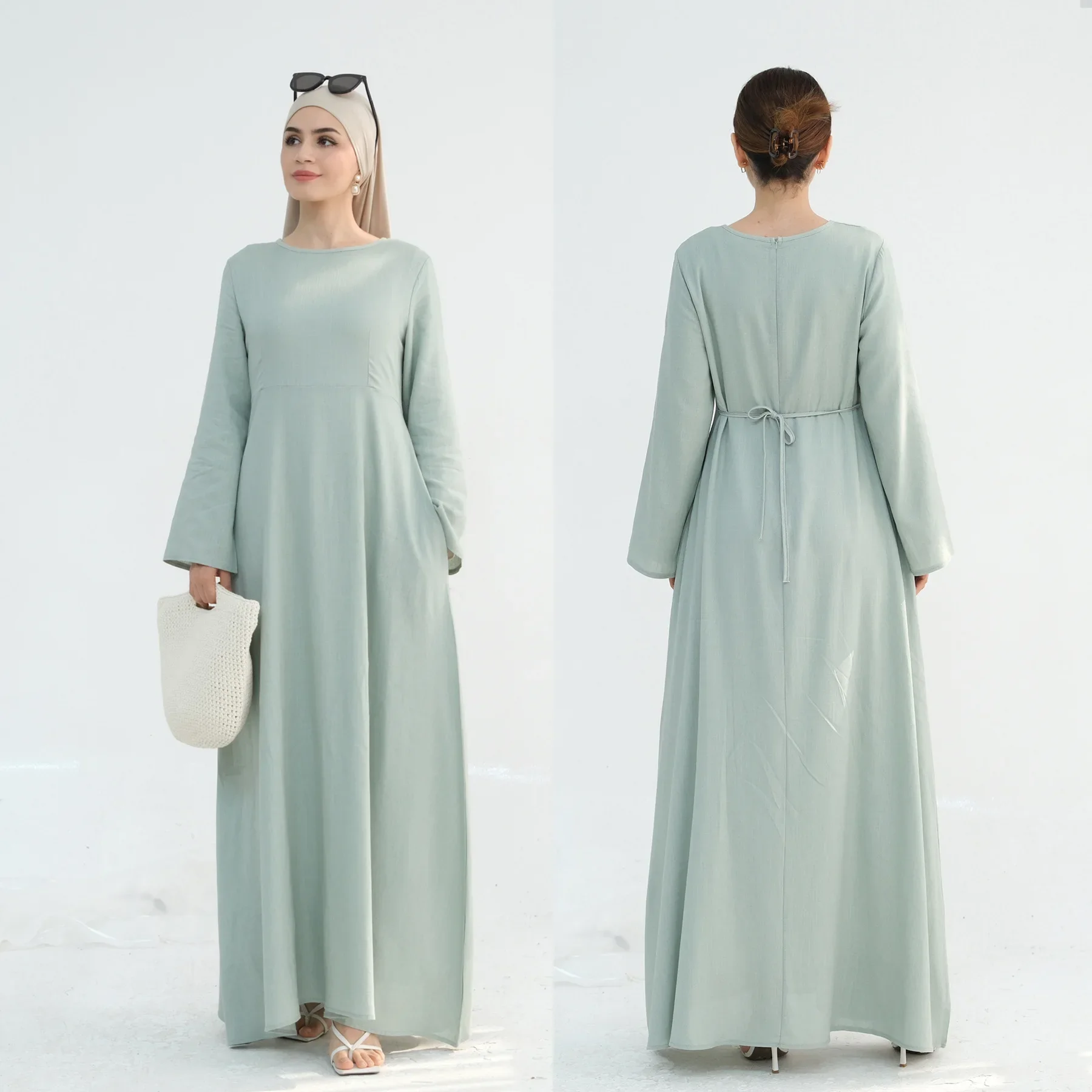 

Plain Linen Abaya Dubai Luxury Lace-up Muslim Dress for Women Islamic Clothing Abayas Kaftan Robe Ramadan Eid Turkish Dresses