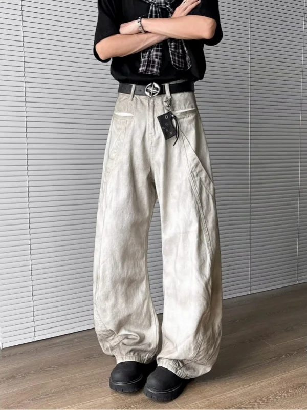 

Retro American Dirty White Knife Jeans Men's Loose Wide Leg Washed out Straight Leg Trousers Trendy Design Casual Pants