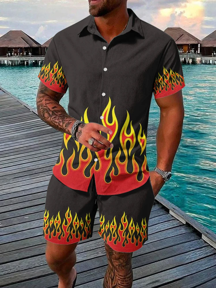 Conjunto de camisa de manga curta masculina havaiana, estampado em chamas 3D, férias de praia casual, verão, esportes diários