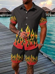 Men's Hawaiian Short Sleeve Shirt And Beach Shorts Set 3D Flame Print Beach Vacation Men Casual Shirt Summer Daily Sports Shorts