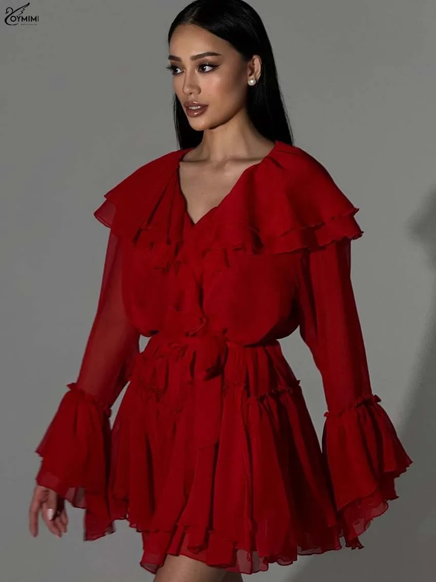 

Oymimi Elegant Red Ruffled Womens Dresses Fashion V-Neck Long Sleeve Lace-Up Dresses Casual Pleated Mini Dress Female Clothing