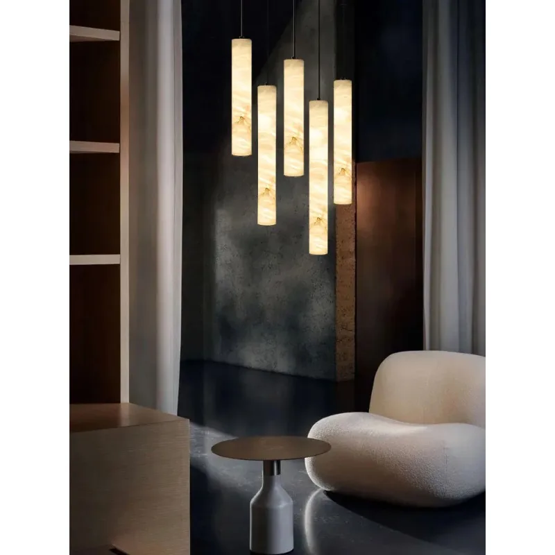 Dimmable LED Natural Marble Cylinder Hanging Lamps Chandelier Lighting Alabaster Suspension Luminaire Lampen For Dinning Room