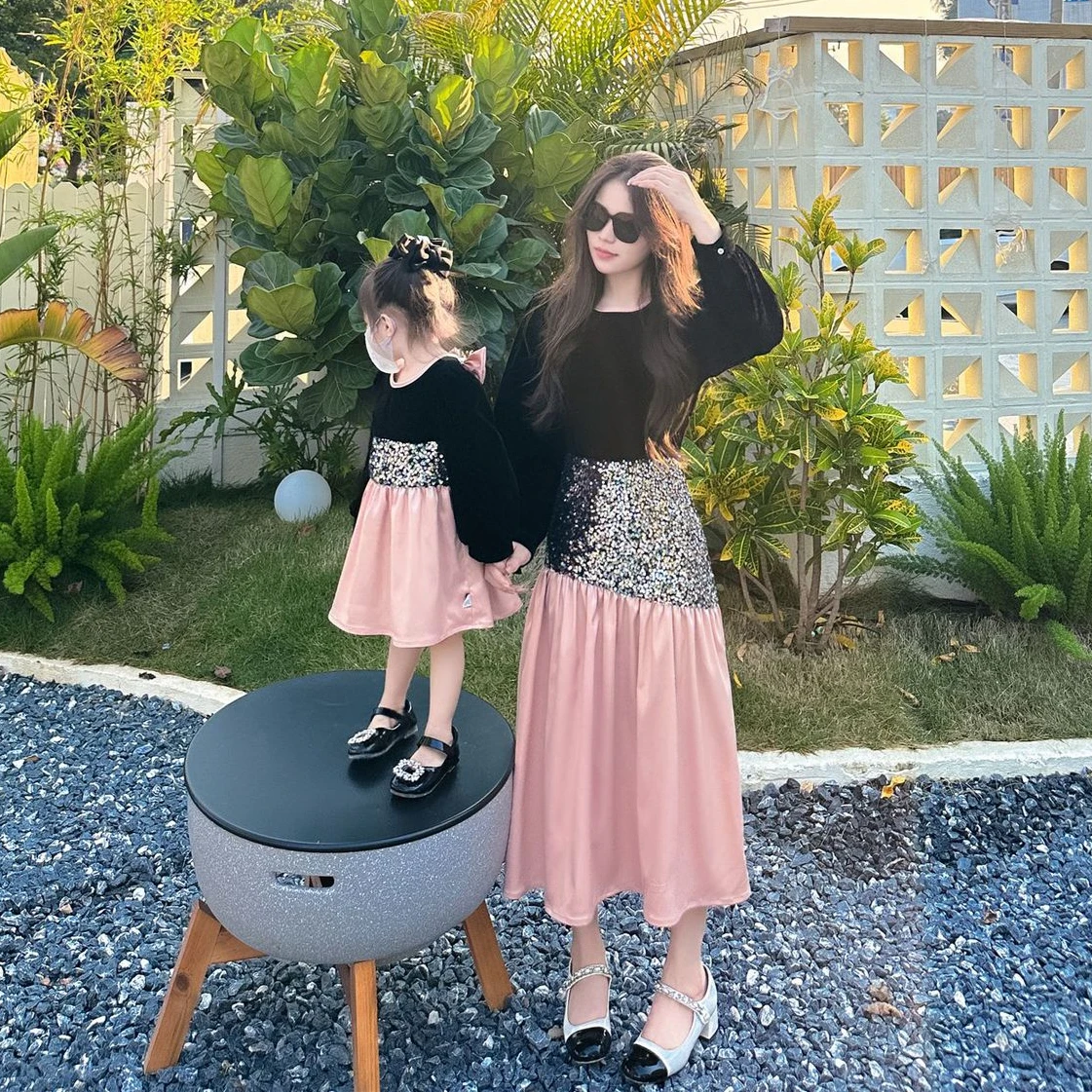 Mother and Baby Girl Matching Long Sleeve Dress Mom Daughter Clothes Elegant Pretty Women's Dresses Korean Parent-child Clothing