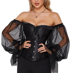 sexy black corset top waist trainer gothic corsets and bustiers women overbust corset blouse off shoulder Long puff sleeve