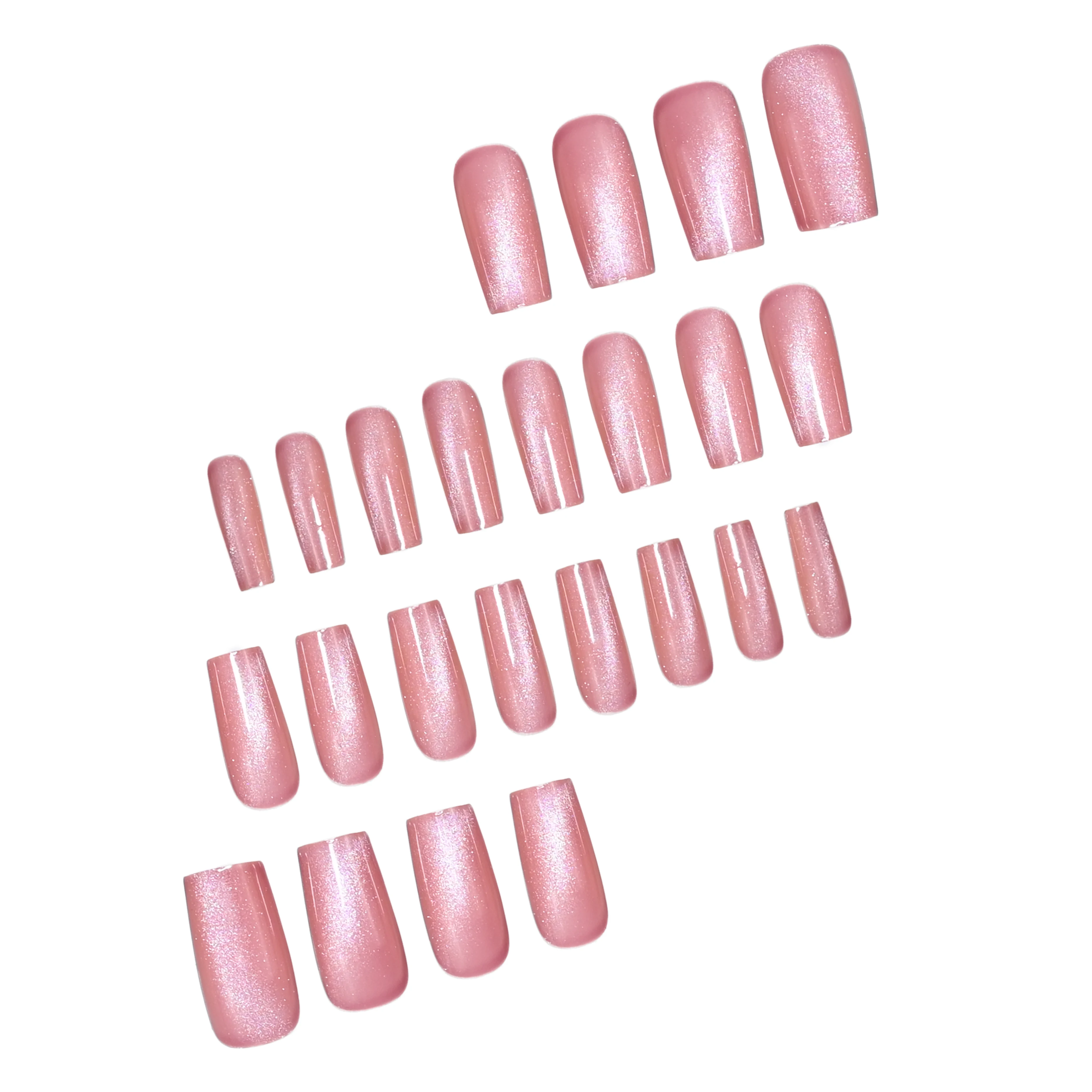 24 handmade square nails. Sheer pink cat eye base with shimmer aurora effect. Reusable, minimalist style for daily and dating we