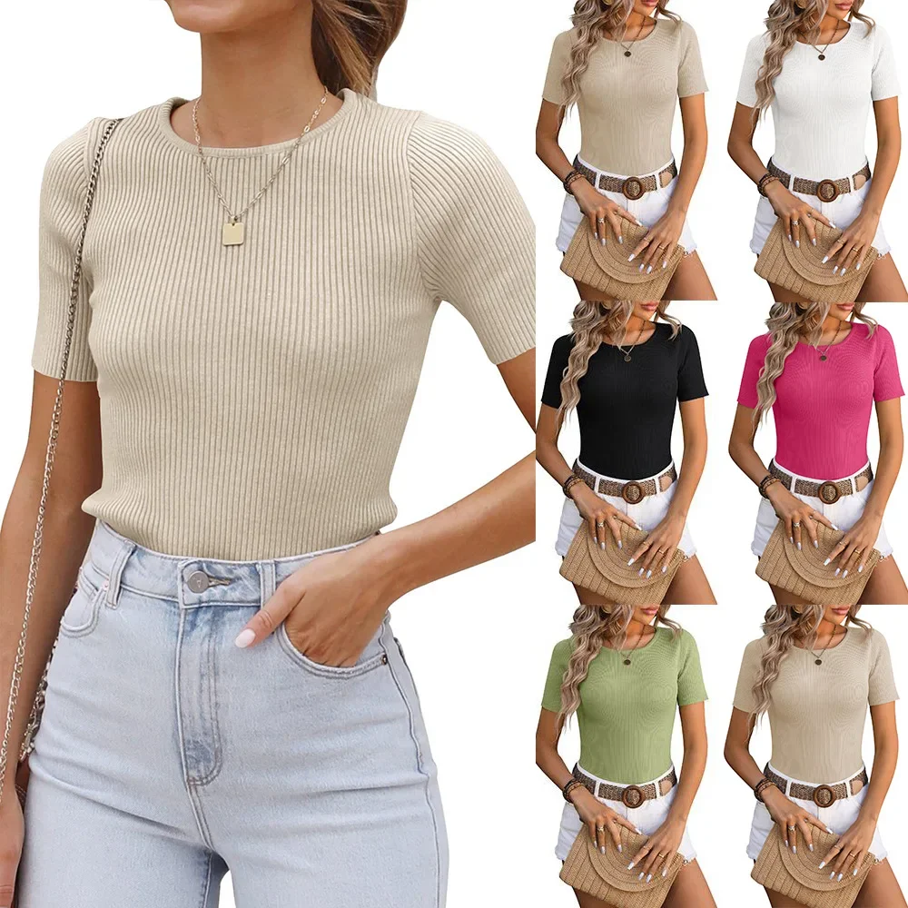 

2025 Women's New Summer Top Round Neck Base Tight Ice Silk Sweater Female Casual Knitted Tops Soft Comfy Women's Clothing 2025