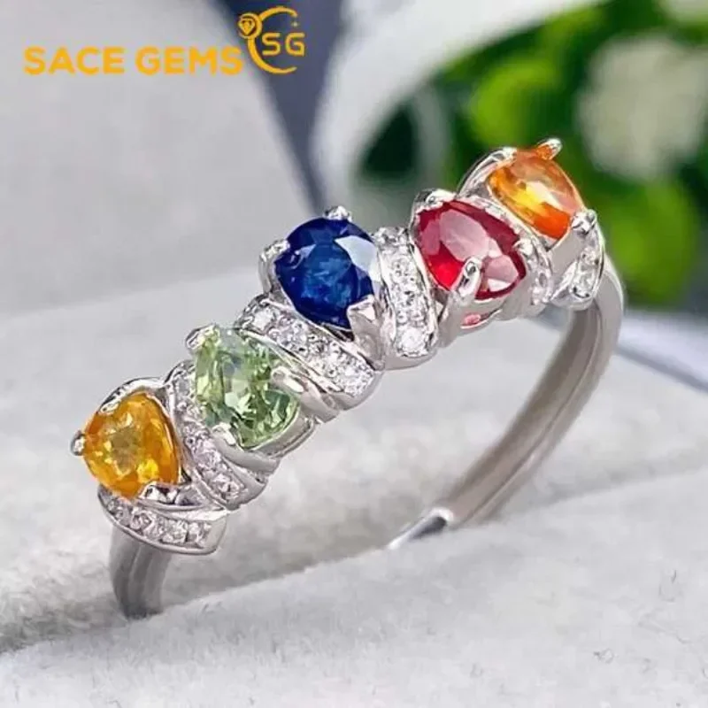 

SACE GEMS New Trend 925 Sterling Silver Raw Natual Colourful Sapphire Rings for Women Engagement Cocktail Party Fine Jewelr