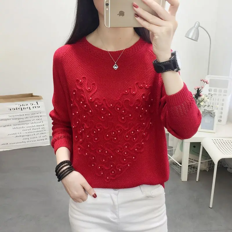 Autumn Winter Loose Solid Color Fashion Beading Patchwork Sweaters Women\'s Clothing All-match Round Neck Knitted Tops for Female