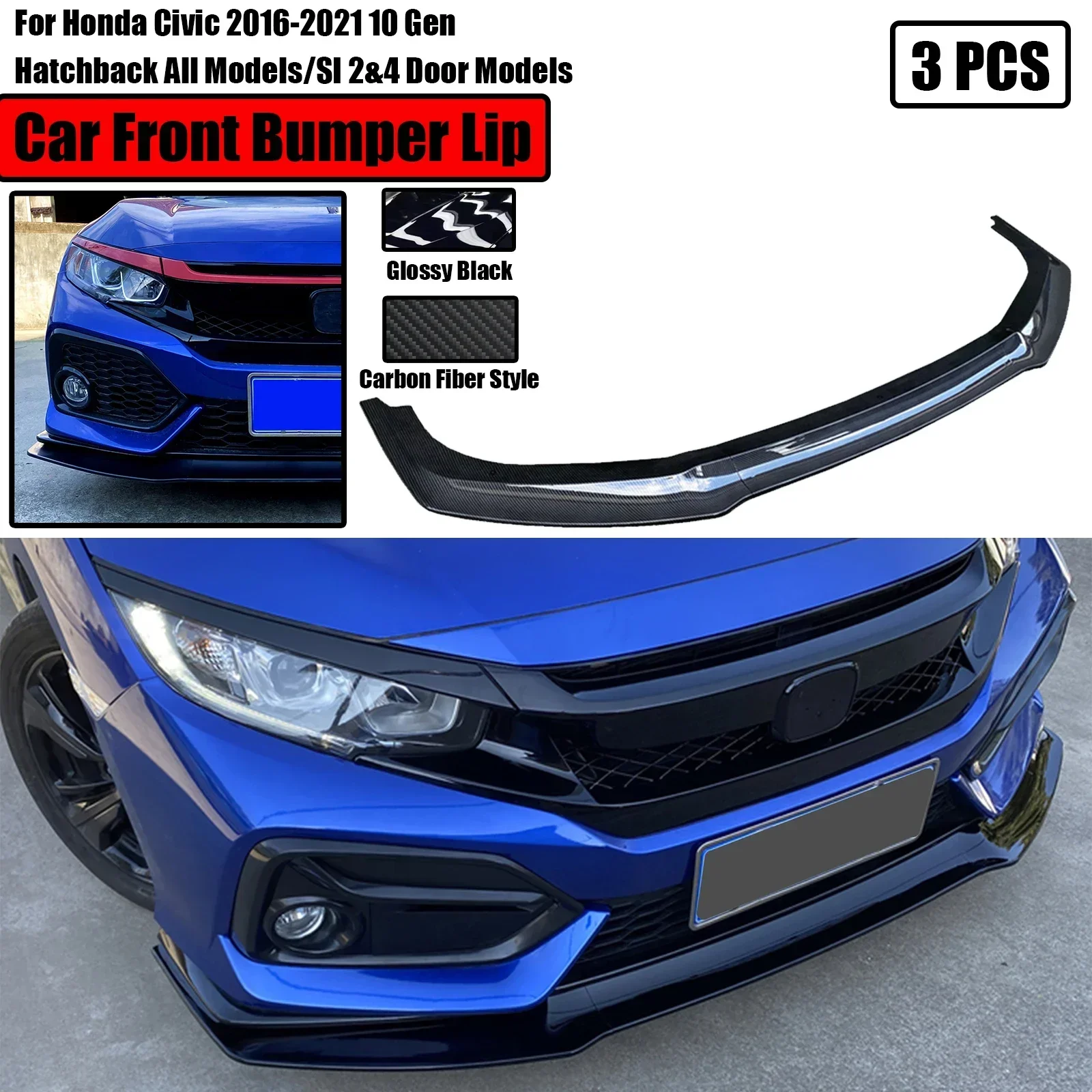 3PCS GR STYLE For Honda Civic 2016-2021 10 Gen FK7 Hatchback SI 2&4 Door Car Front Bumper Spoiler Splitter Glossy Black