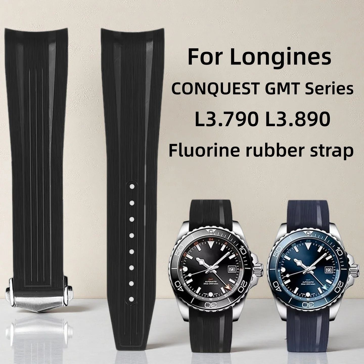 

Изогнутый ремешок для часов из фторкаучука FKM 21 мм 22 мм для Longines CONQUEST GMT L3.790/L3.890, ремешок из фторкаучука для мужских часов с циферблатом 41/43 мм.