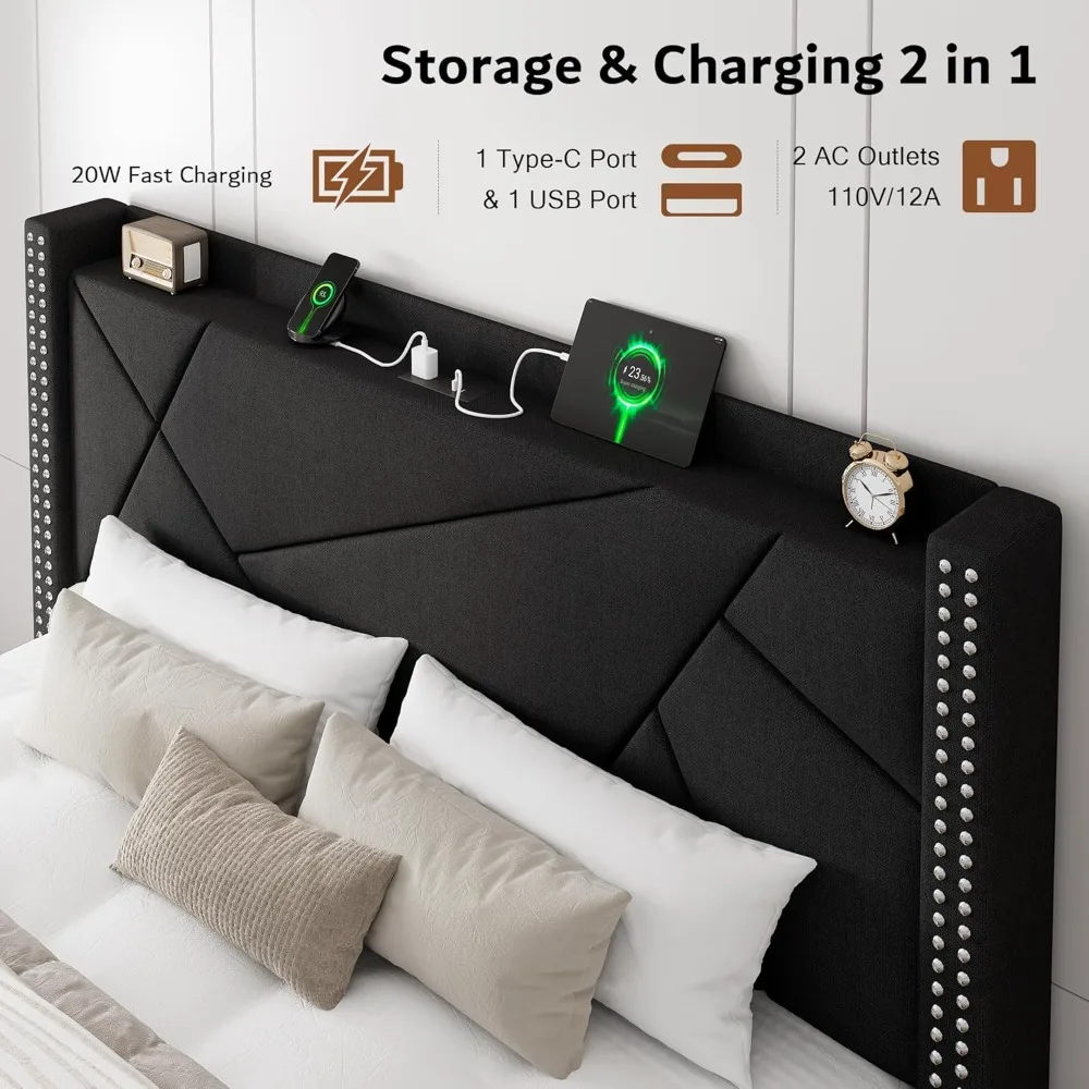 إطار سرير iPormis بحجم كينج مع 4 أدراج تخزين، وسرير منجد مع محطة شحن، ودعم شرائح خشبية صلبة،