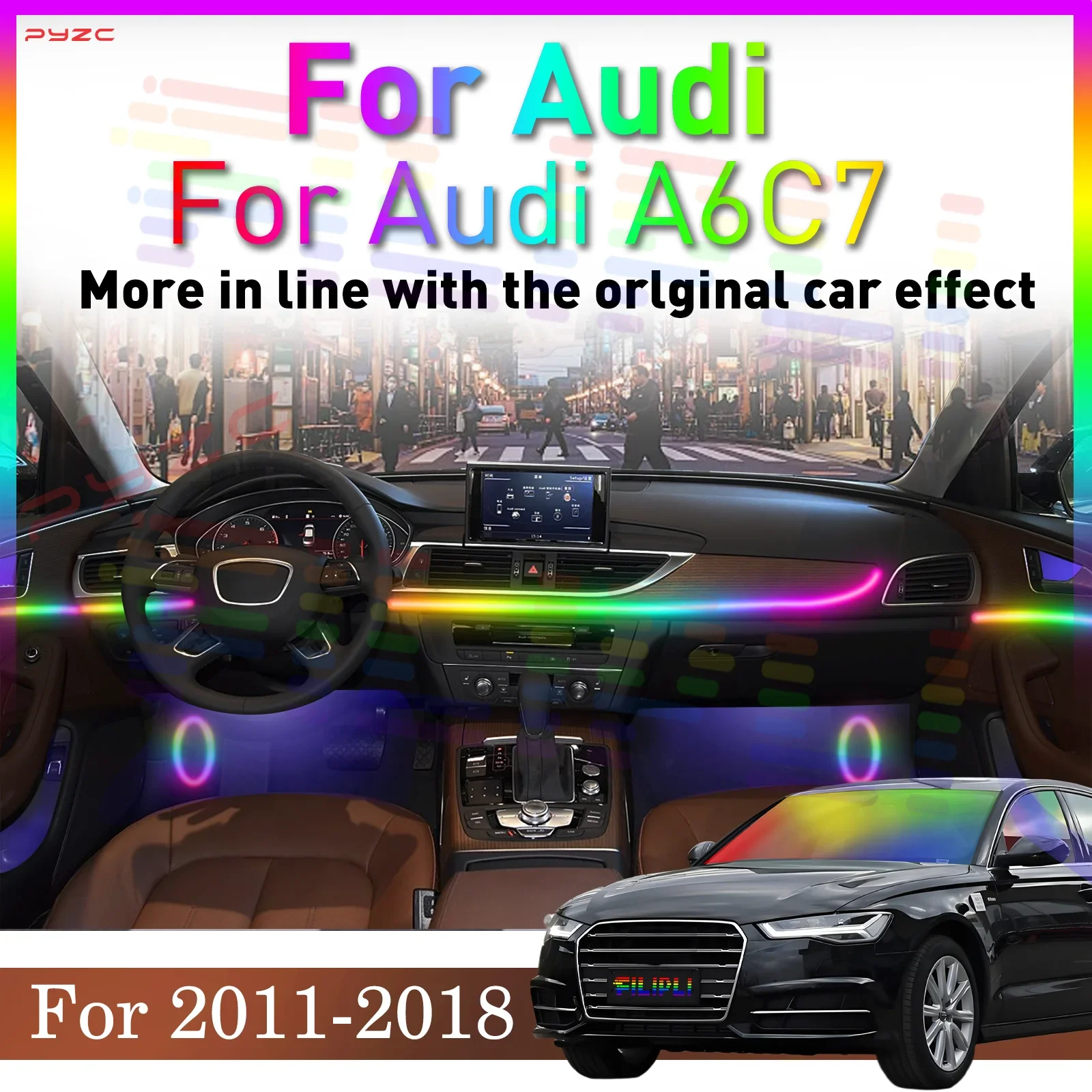 

Для Audi A6 C7 2012-2018 салон автомобиля окружающий светодиодный атмосферный свет приветствия скрытая внутри акриловая полоса приложение 64 цвета RGB Symphony