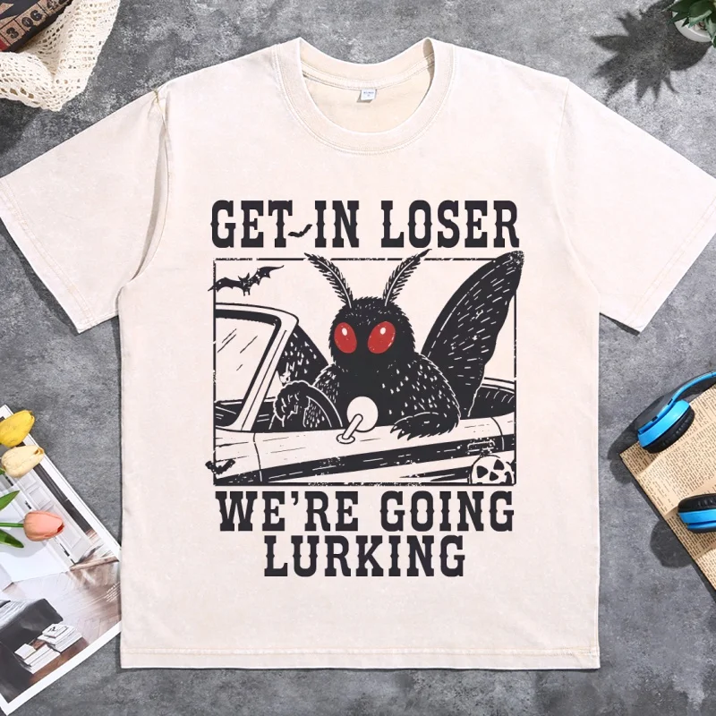 Vintage Mothman T Shirt Men Women Get in Loser Lurking Cryptid Meme Tee Graphic T Shirts Vintage Washed Short Sleeve Tshirts