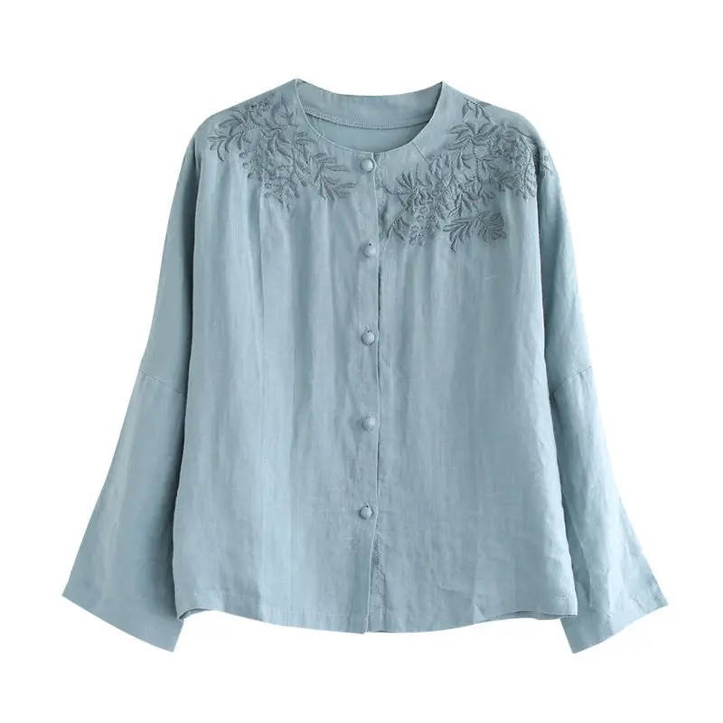 Cotton Linen Embroidered T Shirt For Women Spring Button New Chinese Style Plus Size Loose Pure Color Trendy All -matching Top