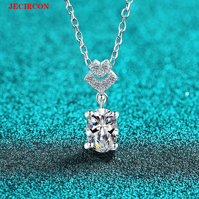 

JECIRCON стерлингового серебра 925 пробы 1 карат овальное ожерелье из муассанита для женщин нежный дизайн с двойной подвеской модная роскошная цепочка на ключицу