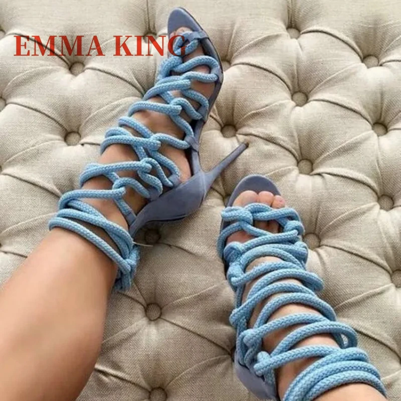 الصيف النساء الدانتيل متابعة صنادل طراز جلاديتور حبل التفاف اللمحة تو صندل عالي الكعب مثير نادي فستان الحفلات أحذية السيدات الكاحل حزام صندل