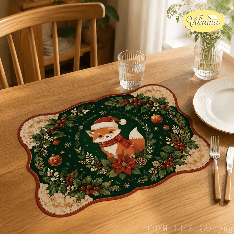 VIKAMA Christmas Placemat Green Fox Ornaments Print, Waterproof Oil-Proof Heat-Resistant Holiday Table Mat for Home